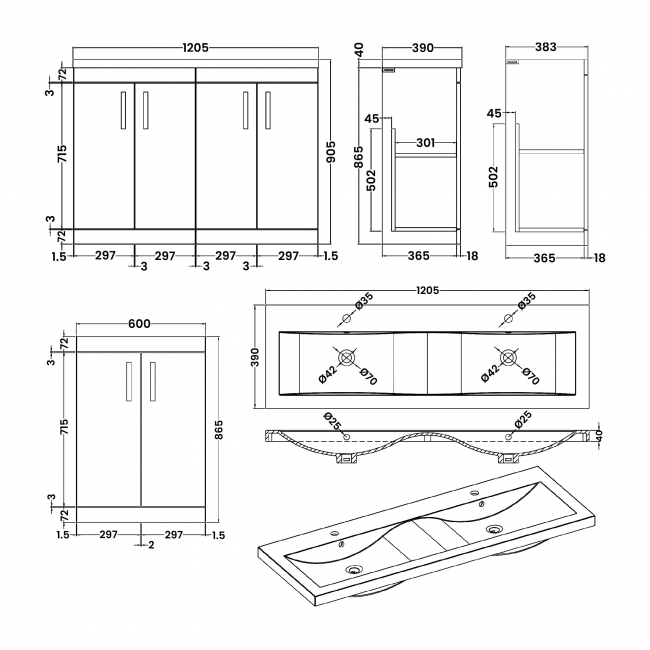 Nuie Athena Floor Standing 4-Door Vanity Unit with Double Ceramic Basin 1200mm Wide - Anthracite Woodgrain