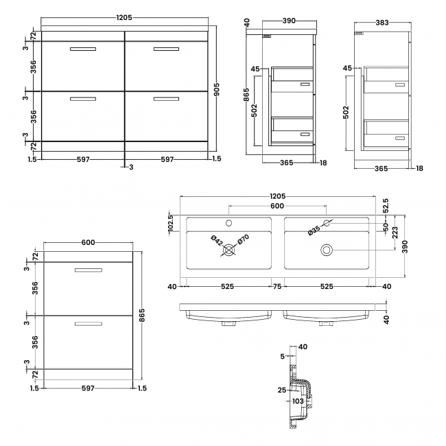Nuie Athena Floor Standing 4-Drawer Vanity Unit with Double Basin 1200mm Wide - Charcoal Black