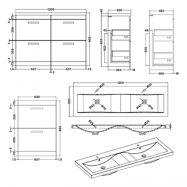 Nuie Athena Floor Standing 4-Drawer Vanity Unit with Double Ceramic Basin 1200mm Wide - Gloss Grey