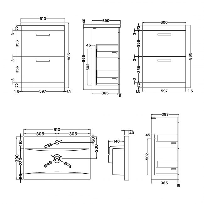 Nuie Athena Floor Standing 2-Drawer Vanity Unit with Basin-1 600mm Wide - Gloss Grey