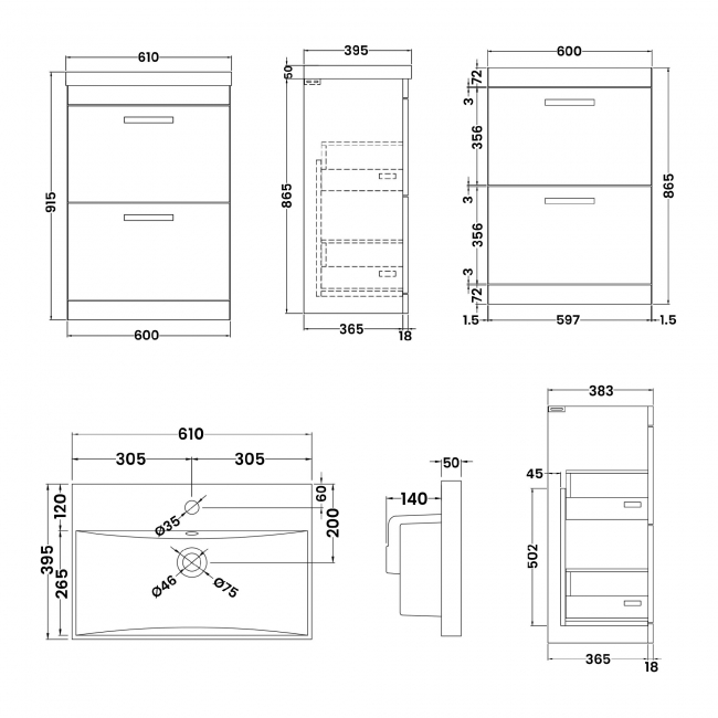 Nuie Athena Floor Standing 2-Drawer Vanity Unit with Basin-3 600mm Wide - Anthracite Woodgrain