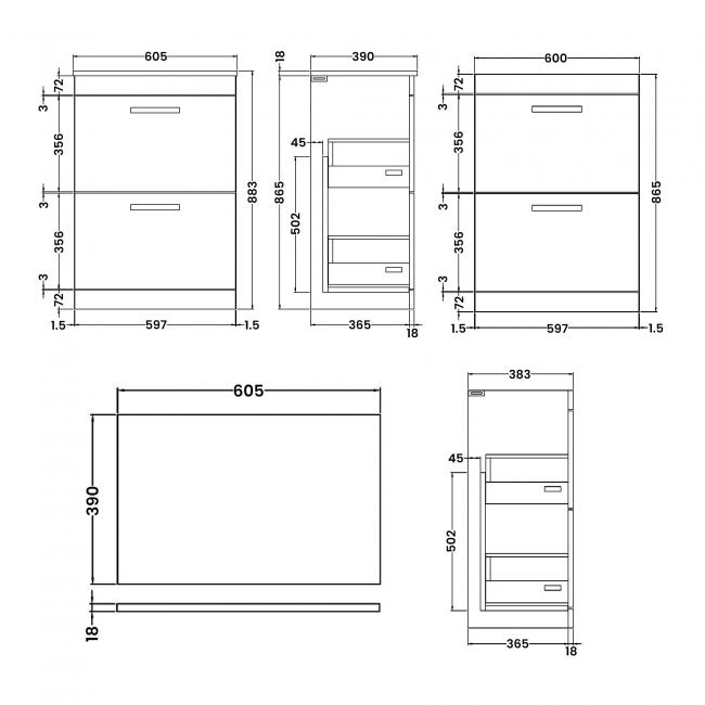 Nuie Athena Floor Standing 2-Drawer Vanity Unit and Worktop 600mm Wide - Anthracite Woodgrain