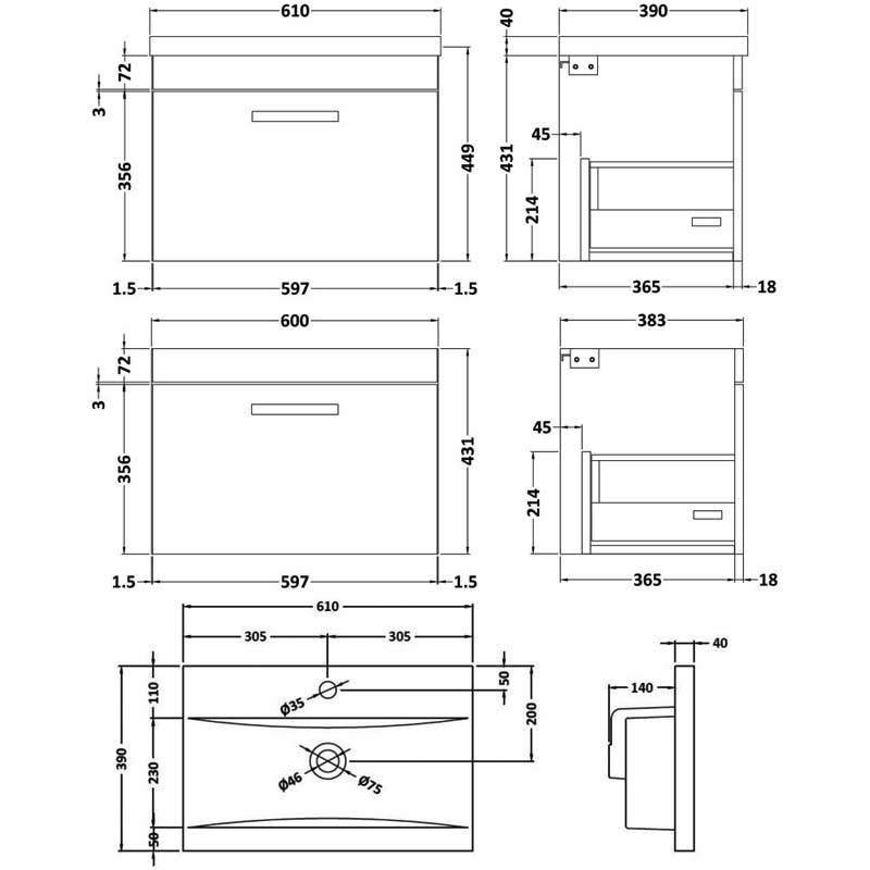 Nuie Athena Wall Hung 1-Drawer Vanity Unit with Basin-1 600mm Wide - Anthracite Woodgrain