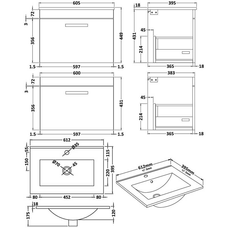 Nuie Athena Wall Hung 1-Drawer Vanity Unit with Basin-2 600mm Wide - Gloss Grey