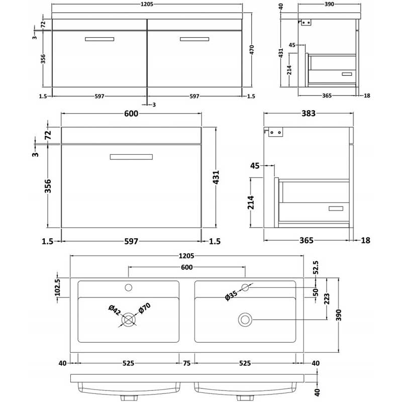 Nuie Athena Wall Hung 2-Drawer Vanity Unit with Double Basin 1200mm Wide - Charcoal Black