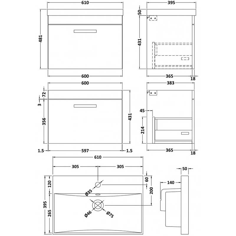 Nuie Athena Wall Hung 1-Drawer Vanity Unit with Basin-3 600mm Wide - Anthracite Woodgrain