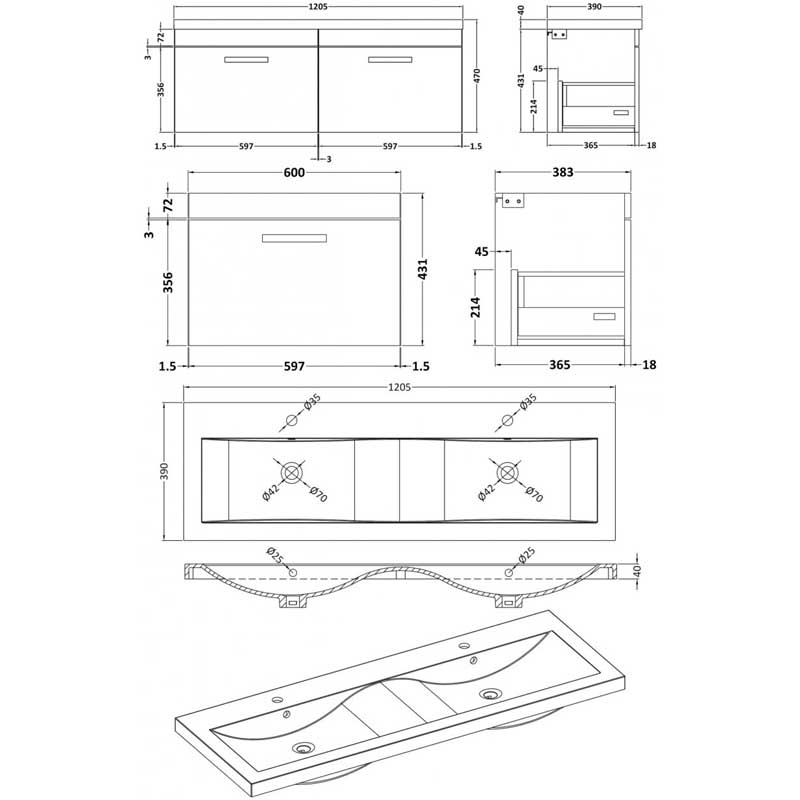 Nuie Athena Wall Hung 2-Drawer Vanity Unit with Double Ceramic Basin 1200mm Wide - Anthracite Woodgrain