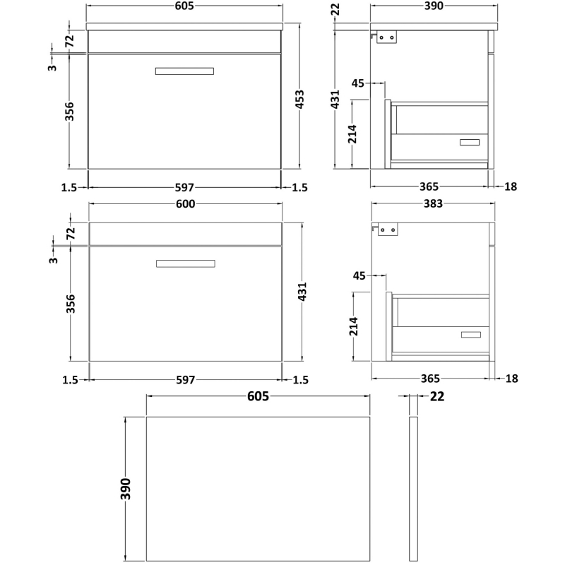 Nuie Athena Wall Hung 1-Drawer Vanity Unit with Sparkling White Worktop 600mm Wide - Gloss Grey