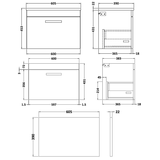 Nuie Athena Wall Hung 1-Drawer Vanity Unit with Carrera Marble Worktop 600mm Wide - Gloss White  | Dimension Image