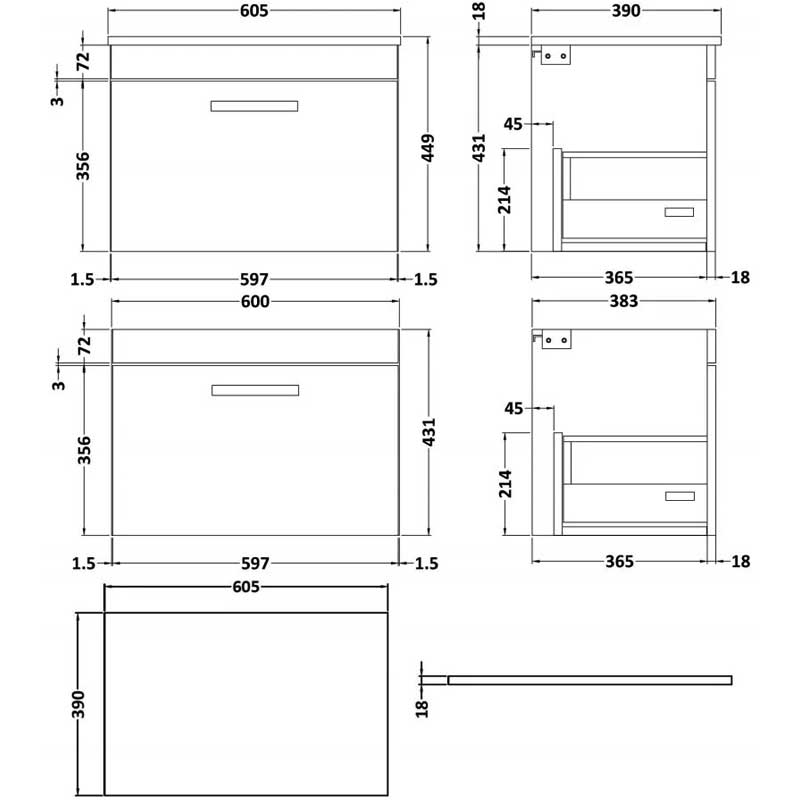 Nuie Athena Wall Hung 1-Drawer Vanity Unit and Worktop 600mm Wide - Gloss Grey