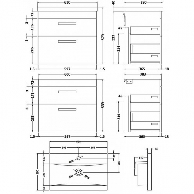 Nuie Athena Wall Hung 2-Drawer Vanity Unit with Basin-1 600mm Wide - Charcoal Black