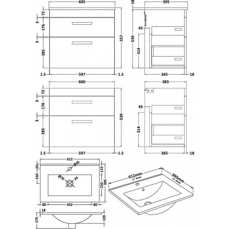 Nuie Athena Wall Hung 2-Drawer Vanity Unit with Basin-2 600mm Wide - Gloss White