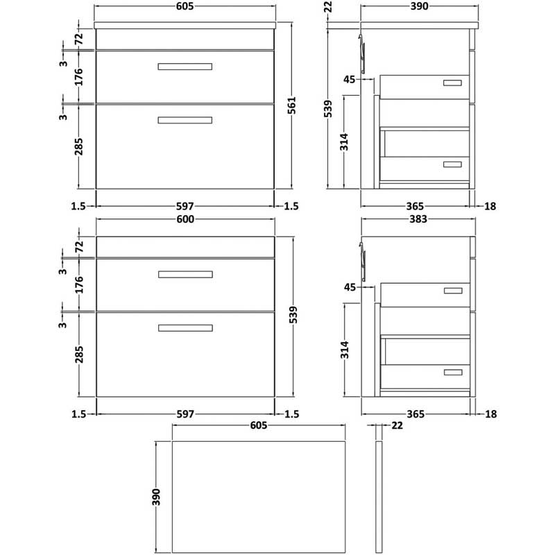 Nuie Athena Wall Hung 2-Drawer Vanity Unit with Sparkling Black Worktop 600mm Wide - Charcoal Black Woodgrain