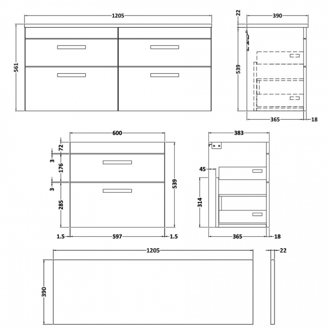 Nuie Athena Wall Hung 4-Drawer Vanity Unit with Bellato Grey Worktop 1200mm Wide - Anthracite Woodgrain  | Dimension Image