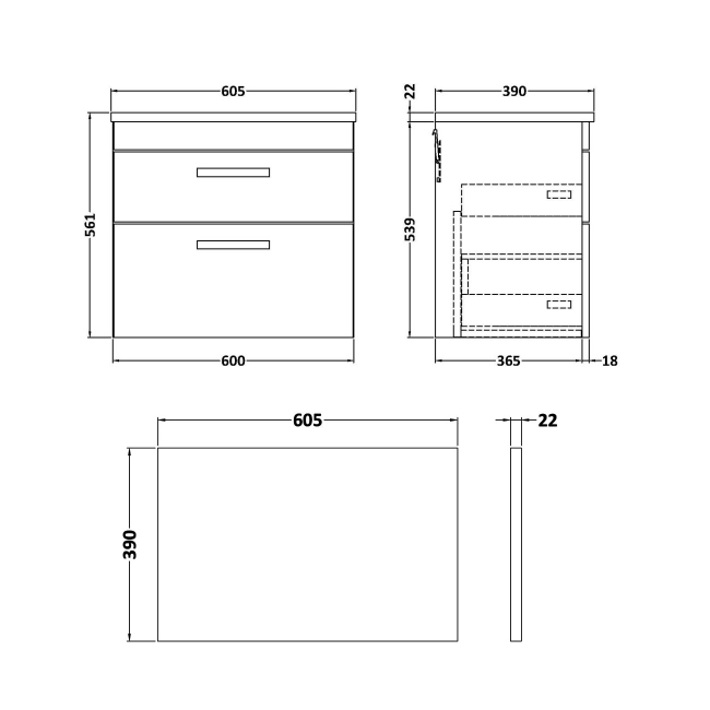 Nuie Athena Wall Hung 2-Drawer Vanity Unit with Carrera Marble Worktop 600mm Wide - Anthracite Woodgrain  | Dimension Image