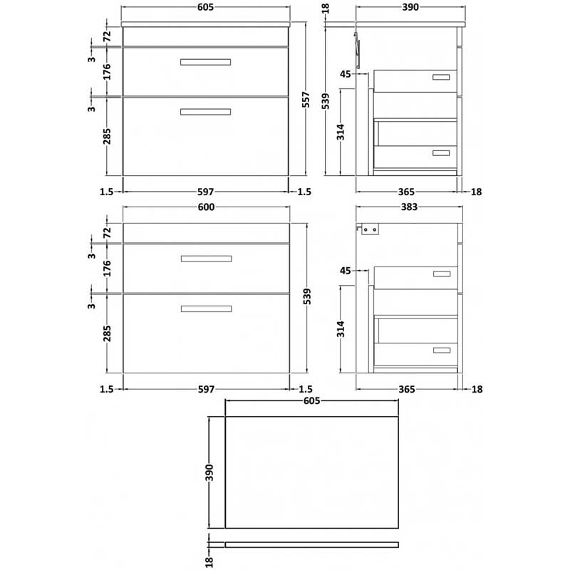 Nuie Athena Wall Hung 2-Drawer Vanity Unit and Worktop 600mm Wide - Anthracite Woodgrain