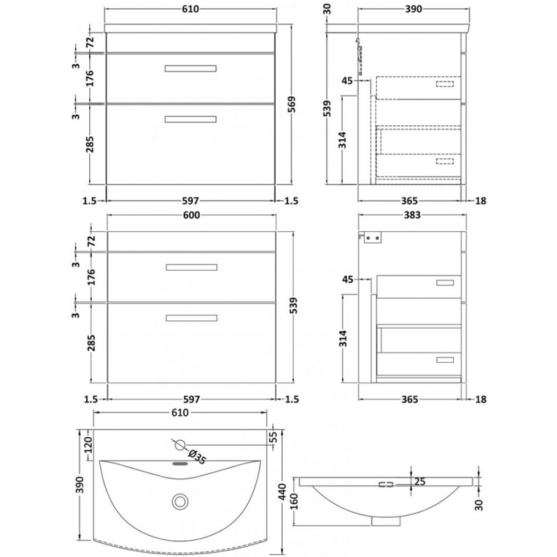 Nuie Athena Wall Hung 2-Drawer Vanity Unit with Basin-4 600mm Wide - Gloss White