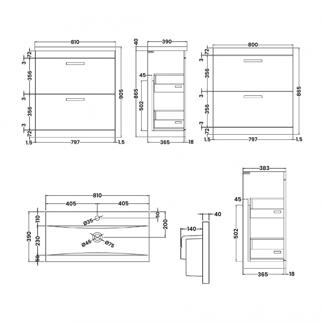 Nuie Athena Floor Standing 2-Drawer Vanity Unit with Basin-1 800mm Wide - Gloss Grey