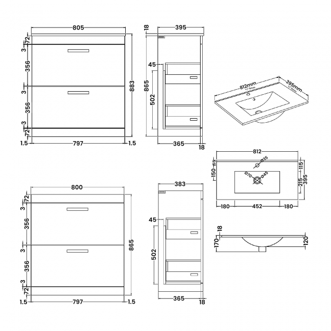 Nuie Athena Floor Standing 2-Drawer Vanity Unit with Basin-2 800mm Wide - Gloss Grey