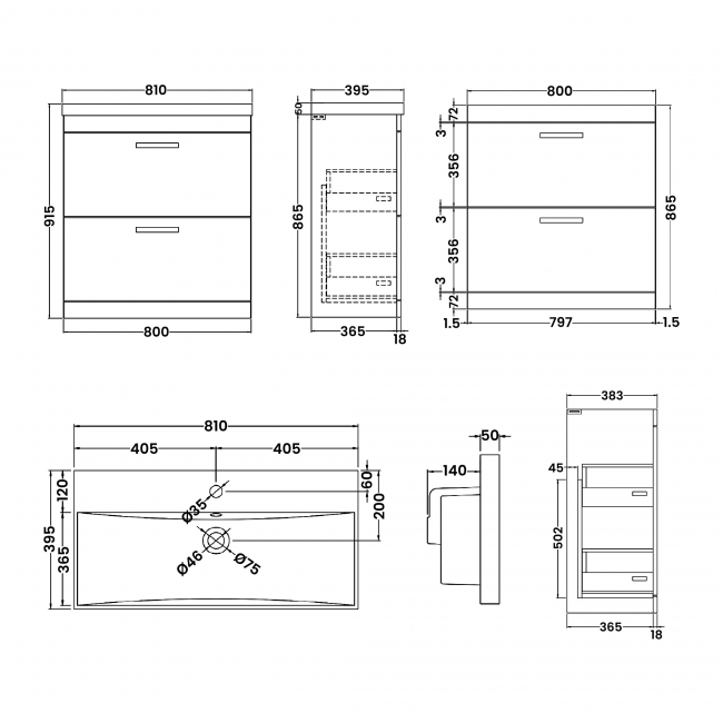 Nuie Athena Floor Standing 2-Drawer Vanity Unit with Basin-3 800mm Wide - Gloss Grey