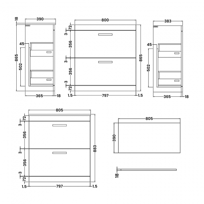 Nuie Athena Floor Standing 2-Drawer Vanity Unit and Worktop 800mm Wide - Charcoal Black Woodgrain