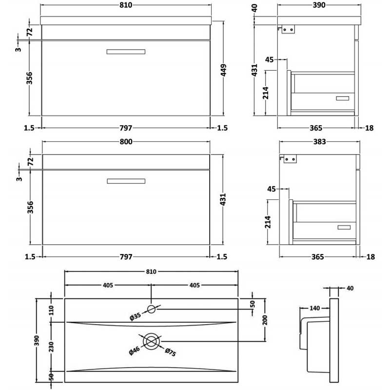 Nuie Athena Wall Hung 1-Drawer Vanity Unit with Basin-1 800mm Wide - Charcoal Black