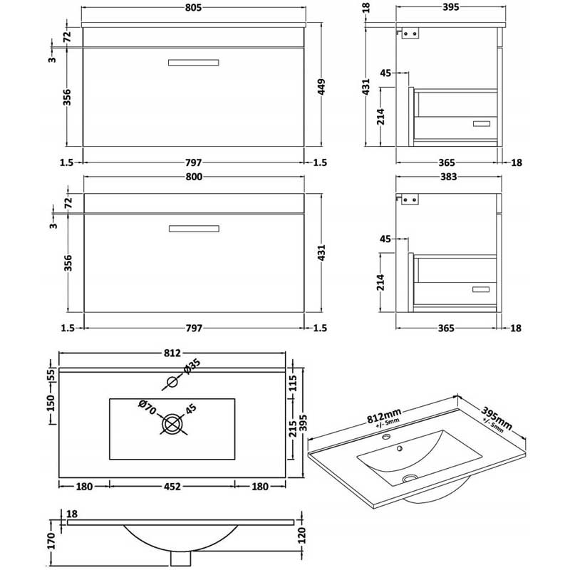 Nuie Athena Wall Hung 1-Drawer Vanity Unit with Basin-2 800mm Wide - Gloss Grey