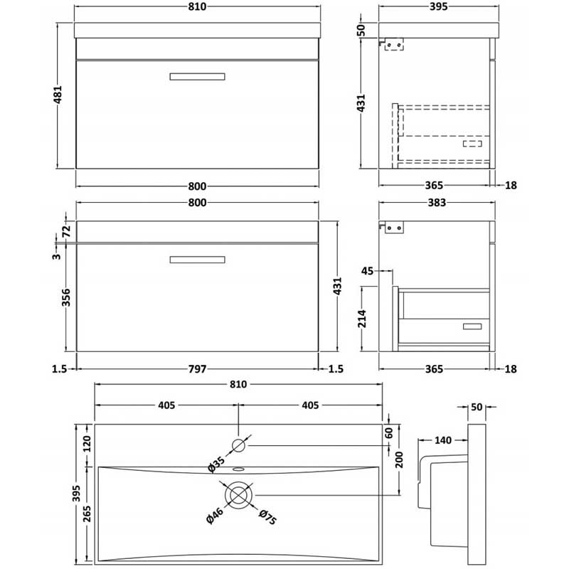 Nuie Athena Wall Hung 1-Drawer Vanity Unit with Basin-3 800mm Wide - Charcoal Black
