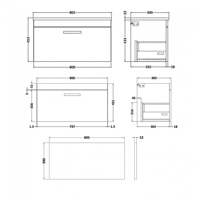 Nuie Athena Wall Hung 1-Drawer Vanity Unit with Carrera Marble Worktop 800mm Wide - Charcoal Black Woodgrain  | Dimension Image