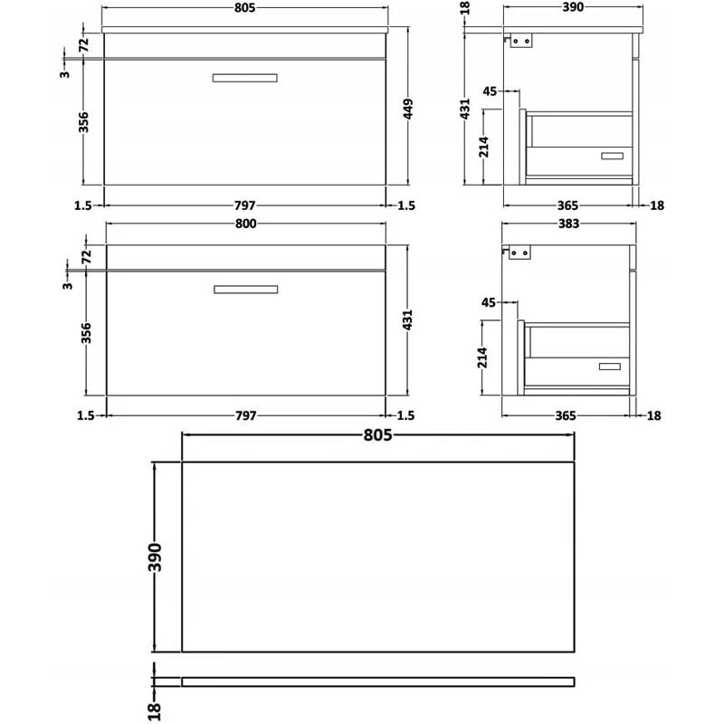 Nuie Athena Wall Hung 1-Drawer Vanity Unit and Worktop 800mm Wide - Gloss White