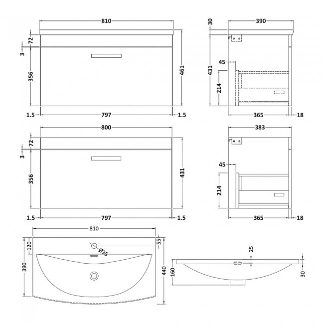 Nuie Athena Wall Hung 1-Drawer Vanity Unit with Basin-4 800mm Wide - Gloss Grey