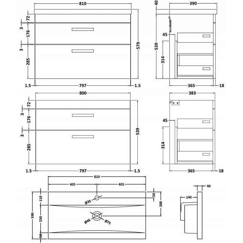 Nuie Athena Wall Hung 2-Drawer Vanity Unit with Basin-1 800mm Wide - Anthracite Woodgrain