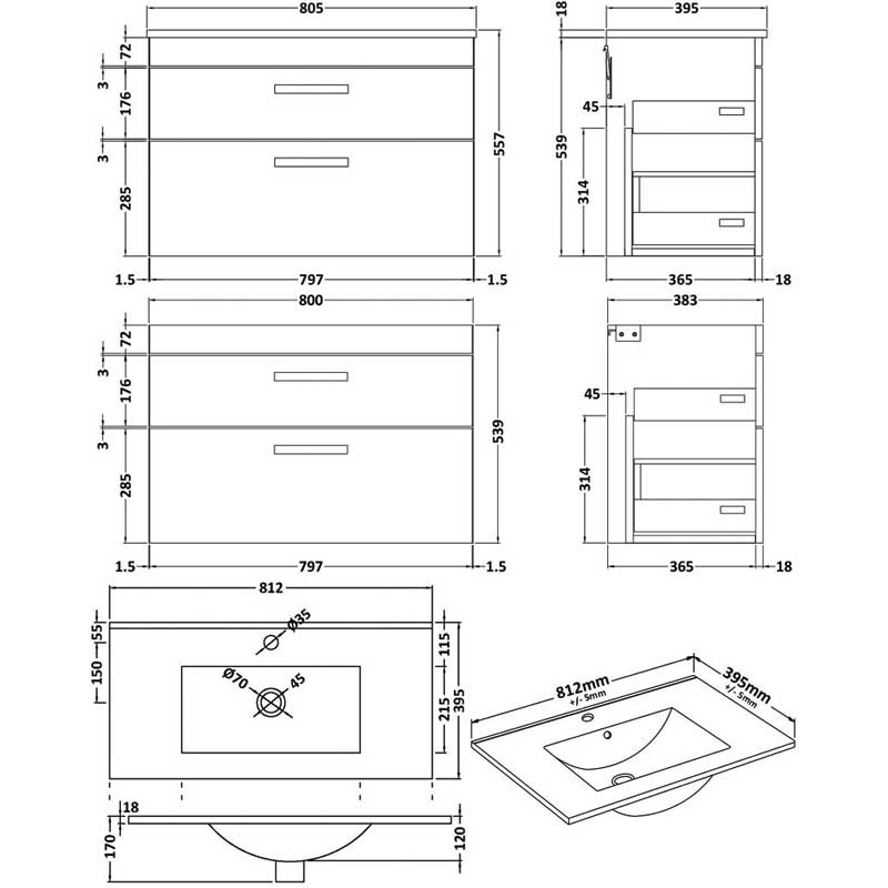 Nuie Athena Wall Hung 2-Drawer Vanity Unit with Basin-2 800mm Wide - Charcoal Black