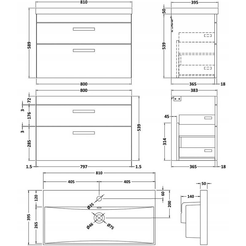 Nuie Athena Wall Hung 2-Drawer Vanity Unit with Basin-3 800mm Wide - Charcoal Black