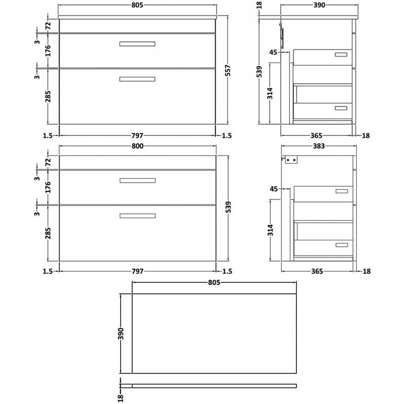 Nuie Athena Wall Hung 2-Drawer Vanity Unit and Worktop 800mm Wide - Anthracite Woodgrain