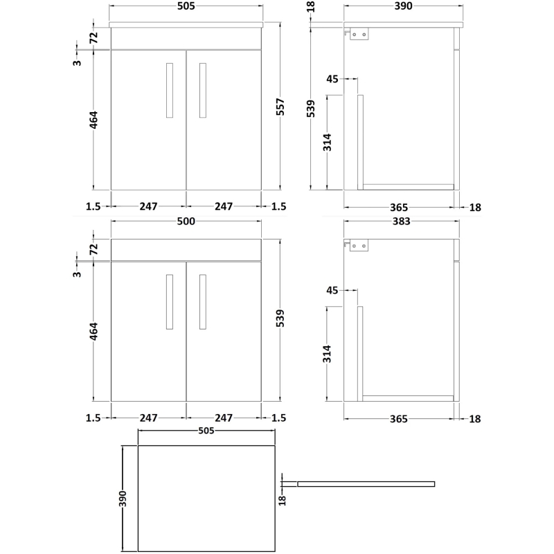 Nuie Athena Wall Hung 2-Door Vanity Unit and Worktop 500mm Wide - Gloss Grey Mist