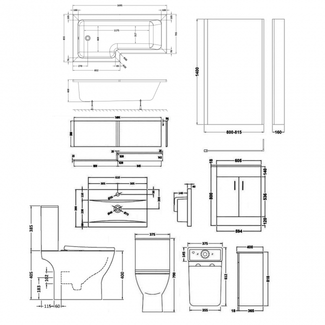 Nuie Ava Complete Furniture Suite with 600mm Vanity Unit and L-Shaped Shower Bath 1700mm LH