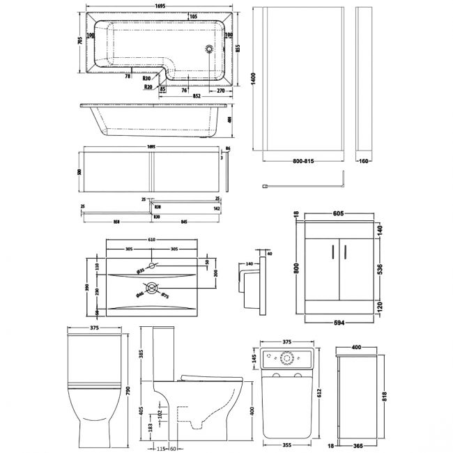 Nuie Ava Complete Furniture Suite with 600mm Vanity Unit and L-Shaped Shower Bath 1700mm RH
