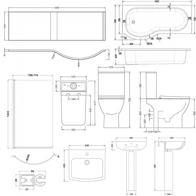 Nuie Ava Complete Bathroom Suite with P-Shaped Shower Bath 1700mm - Right Handed
