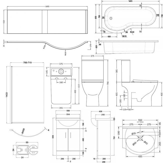 Nuie Ava Complete Furniture Suite with Vanity Unit and P-Shaped Shower Bath 1700mm LH