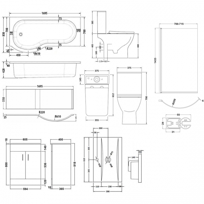 Nuie Ava Complete Furniture Suite with 600mm Vanity Unit and P-Shaped Shower Bath 1700mm LH