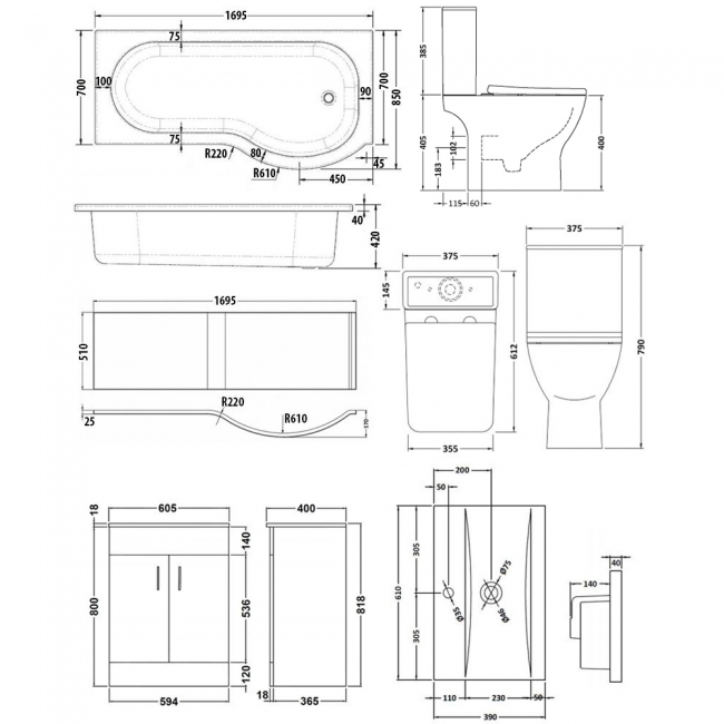 Nuie Ava Complete Furniture Suite with 600mm Vanity Unit and P-Shaped Shower Bath 1700mm RH