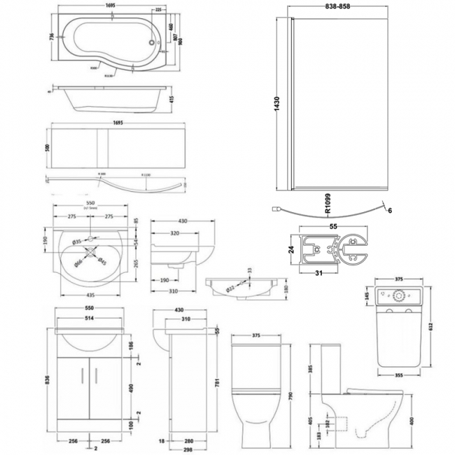 Nuie Ava Complete Furniture Suite with Vanity Unit and B-Shaped Shower Bath 1700mm RH