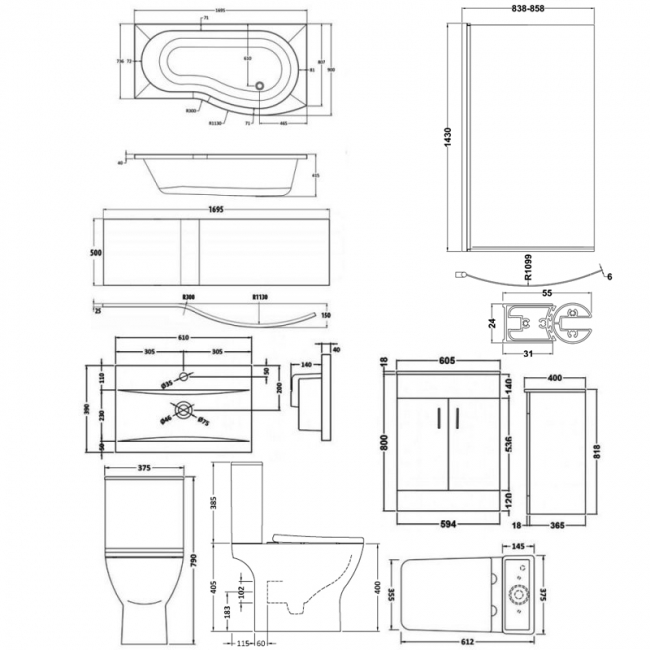 Nuie Ava Complete Furniture Suite with 600mm Vanity Unit and B-Shaped Shower Bath 1700mm RH
