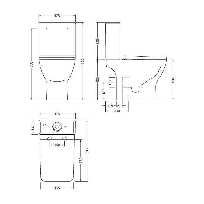Nuie Ava Close Coupled Rimless Toilet Push Button Cistern - Soft Close Seat