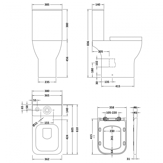 Nuie Ava Rimless Comfort Height Close Coupled Toilet Pan with Push Button Cistern - Soft Close Seat