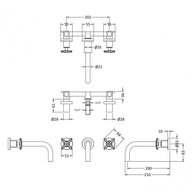 Nuie Aztec 3-Hole Wall Mounted Basin Mixer Tap - Chrome
