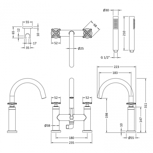 Nuie Aztec Bath Shower Mixer Tap with Shower Kit - Chrome