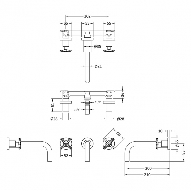 Nuie Aztec 3-Hole Wall Mounted Basin Mixer Tap - Matt Black