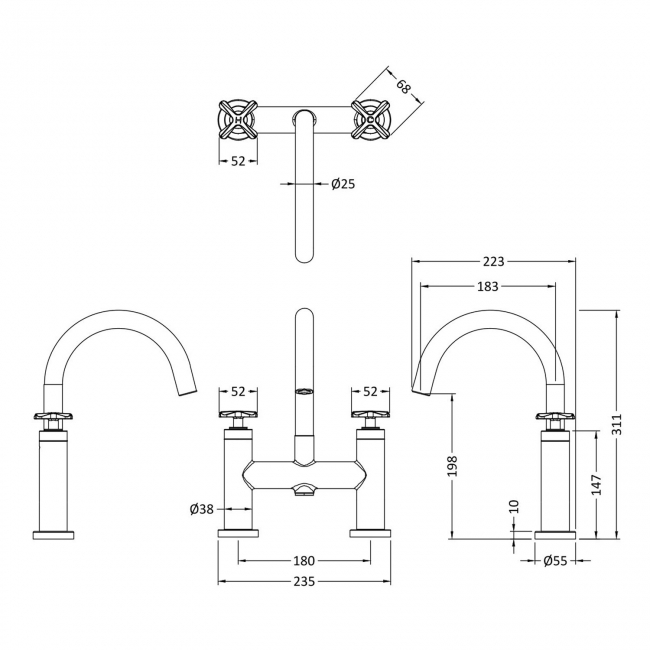 Nuie Aztec Pillar Mounted Bath Filler Tap - Matt Black